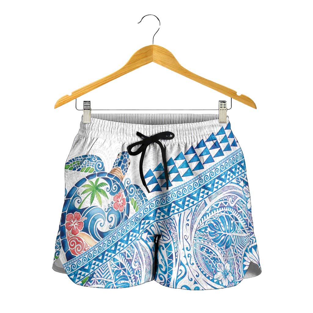 Hawaiian Abstract Sea Turtle Shorts for Women Polynesian Tapa Art and Kakau Tattoo White WaterColor LT03 - Polynesian Pride