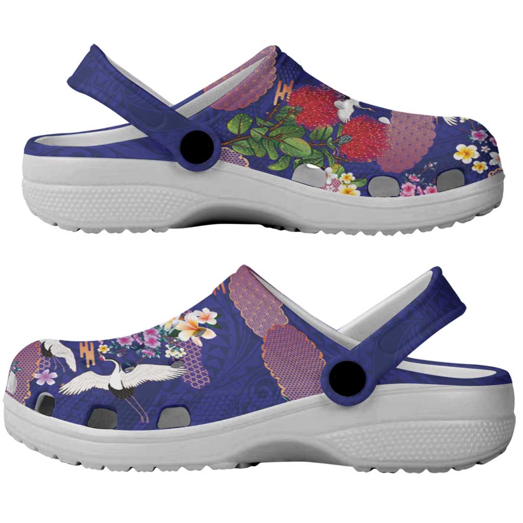 Hawaiian and Japanese Culture Together Clogs Shoes Blue Ohia Lehua Plumeria and Sakura Blooming LT03 - Polynesian Pride