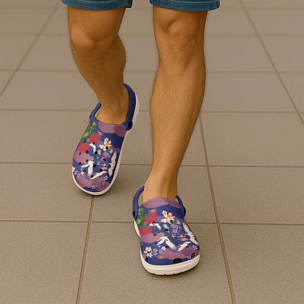 Hawaiian and Japanese Culture Together Clogs Shoes Blue Ohia Lehua Plumeria and Sakura Blooming LT03 - Polynesian Pride