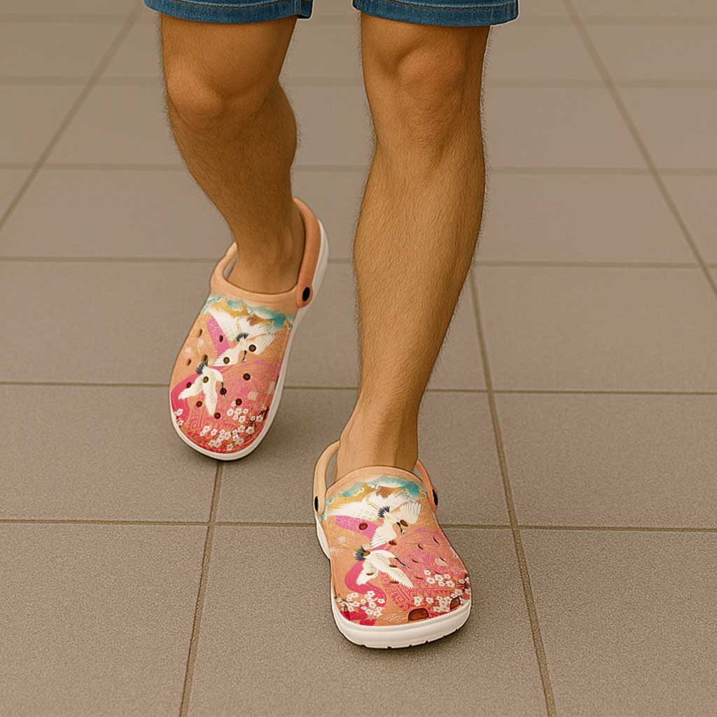Hawaiian and Japanese Culture Together Clogs Shoes Kakau Art Tattoo with Cranes and Sakura Spring Vibe - Polynesian Pride