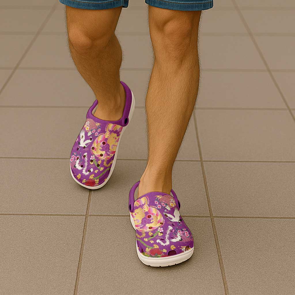 Hawaiian and Japanese Culture Together Clogs Shoes Kakau Tribal Pattern and Irezumi Art Purple Color
