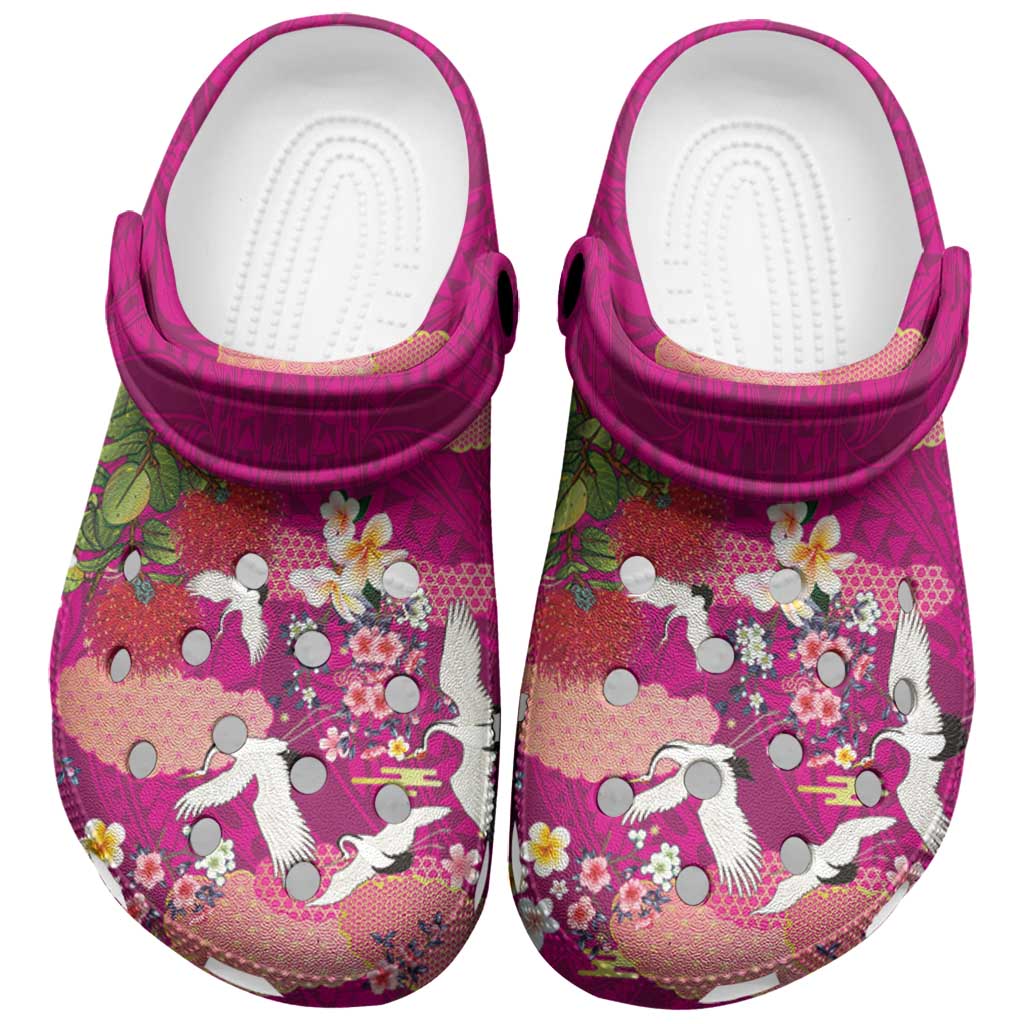Hawaiian and Japanese Culture Together Clogs Shoes Pink Ohia Lehua Plumeria and Sakura Blooming LT03 Pink - Polynesian Pride