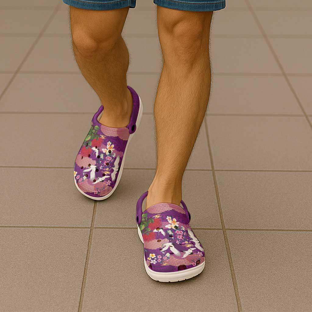 Hawaiian and Japanese Culture Together Clogs Shoes Purple Ohia Lehua Plumeria and Sakura Blooming LT03 - Polynesian Pride