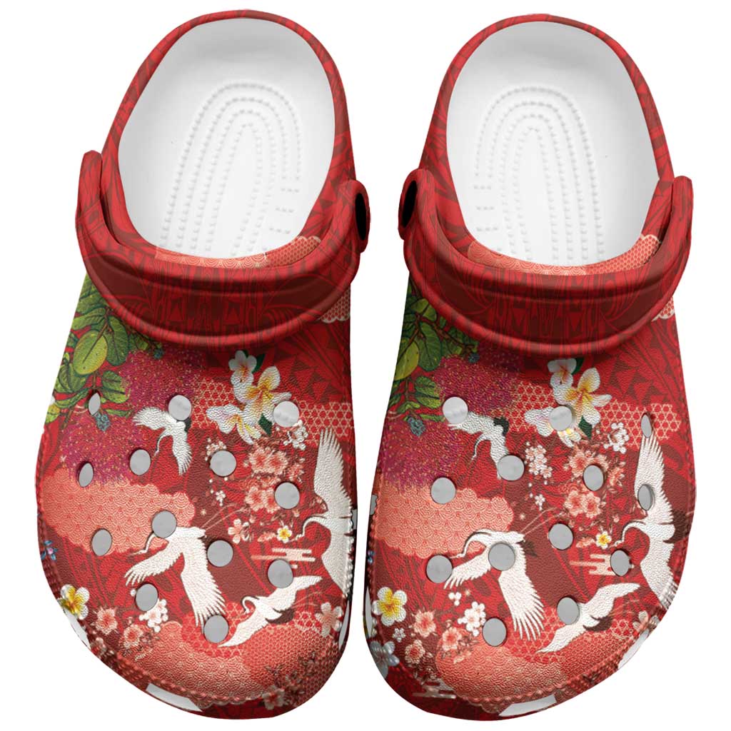 Hawaiian and Japanese Culture Together Clogs Shoes Red Ohia Lehua Plumeria and Sakura Blooming LT03 Red - Polynesian Pride