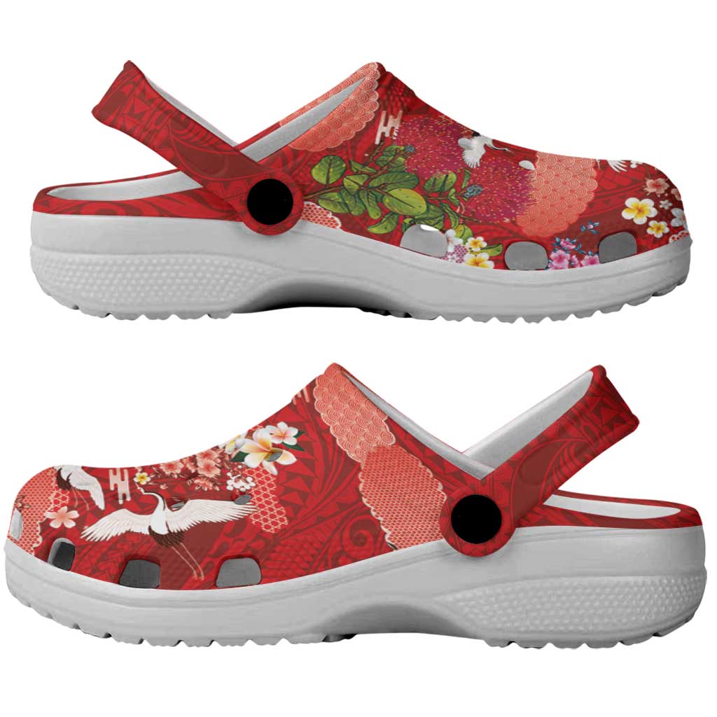Hawaiian and Japanese Culture Together Clogs Shoes Red Ohia Lehua Plumeria and Sakura Blooming LT03 - Polynesian Pride