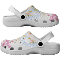 Hawaiian and Japanese Culture Together Clogs Shoes Tribal Motifs with Lei and Japanese Sakura Pattern LT03