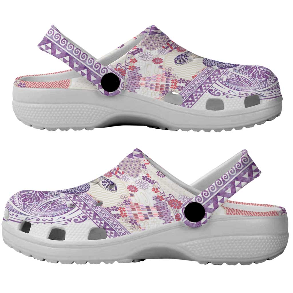 Hawaiian and Japanese Culture Together Clogs Shoes Tropical Honu with Japanese Elements Purple Color LT03