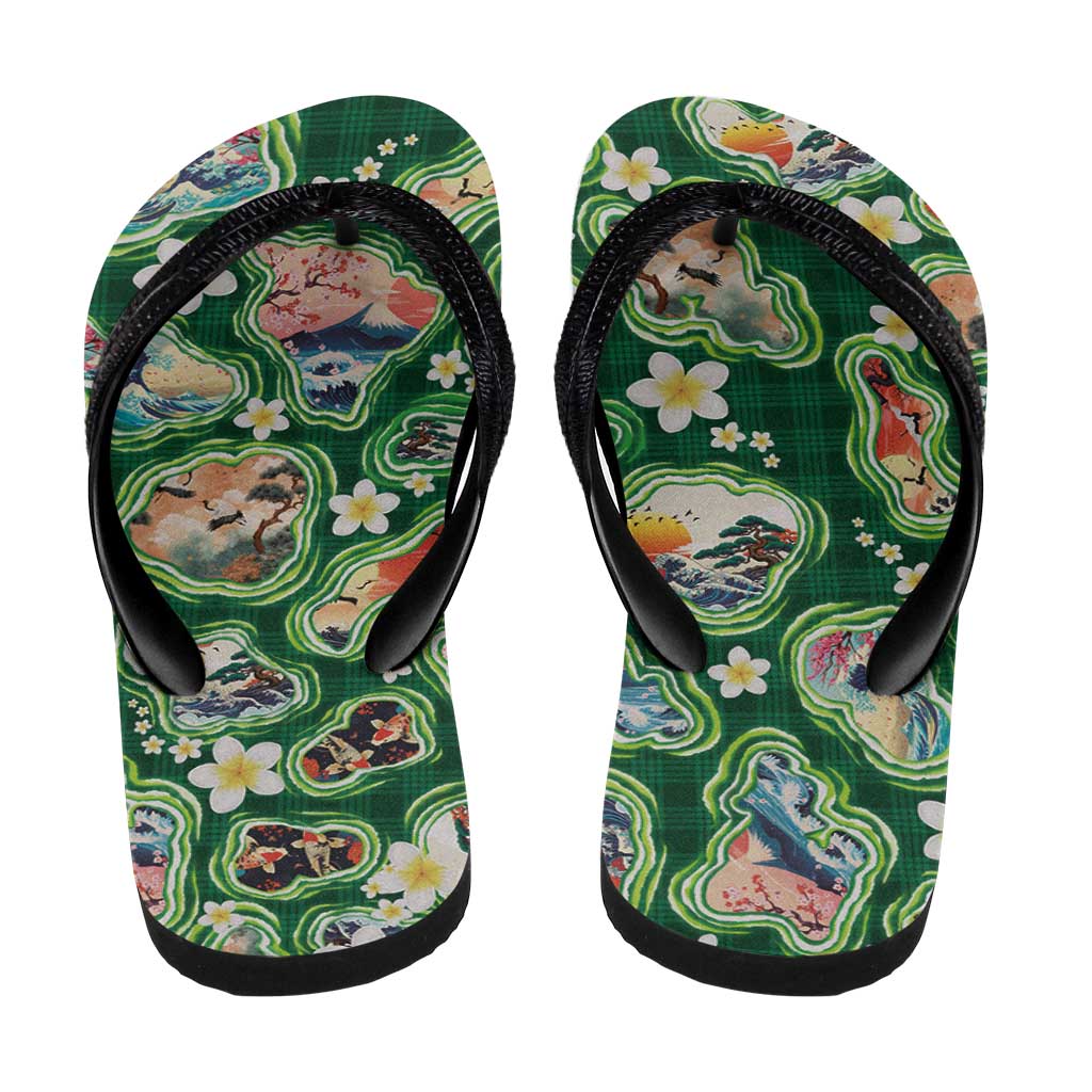 Hawaiian and Japanese Culture Together Flip Flops Hawaiian Island Shapes with Japanese Landscape Green Color LT03 - Polynesian Pride