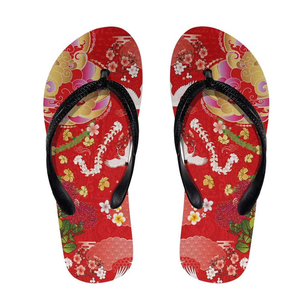 Hawaiian and Japanese Culture Together Flip Flops Kakau Tribal Pattern and Irezumi Art Red Color