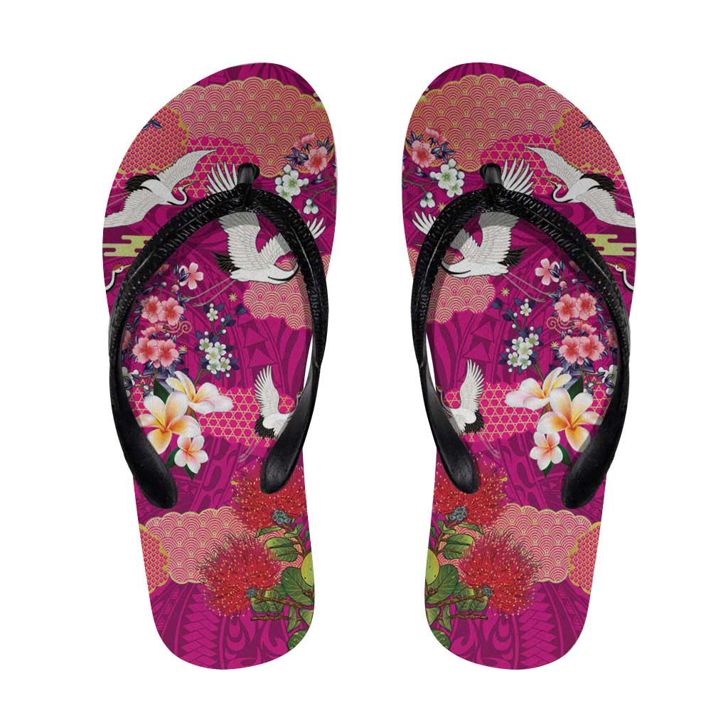 Hawaiian and Japanese Culture Together Flip Flops Pink Ohia Lehua Plumeria and Sakura Blooming LT03 Pink - Polynesian Pride