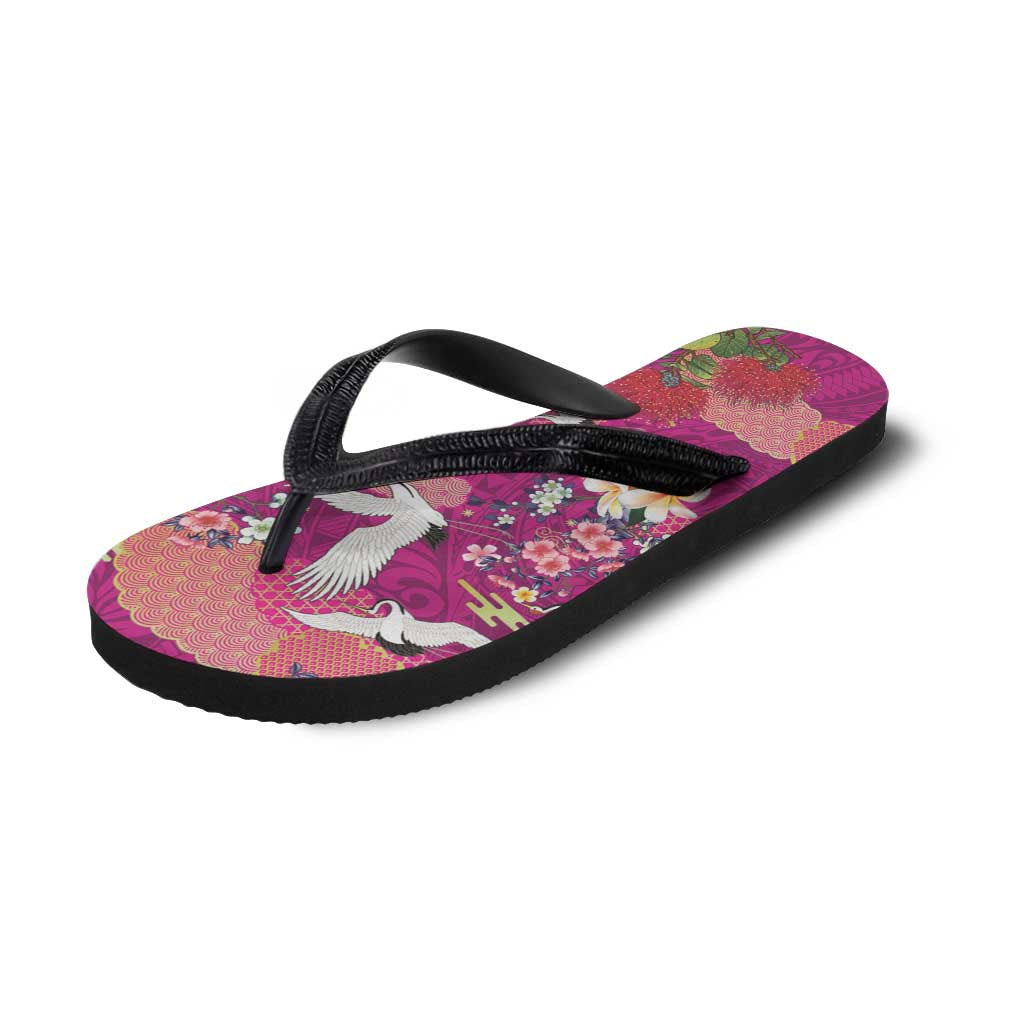 Hawaiian and Japanese Culture Together Flip Flops Pink Ohia Lehua Plumeria and Sakura Blooming LT03 - Polynesian Pride