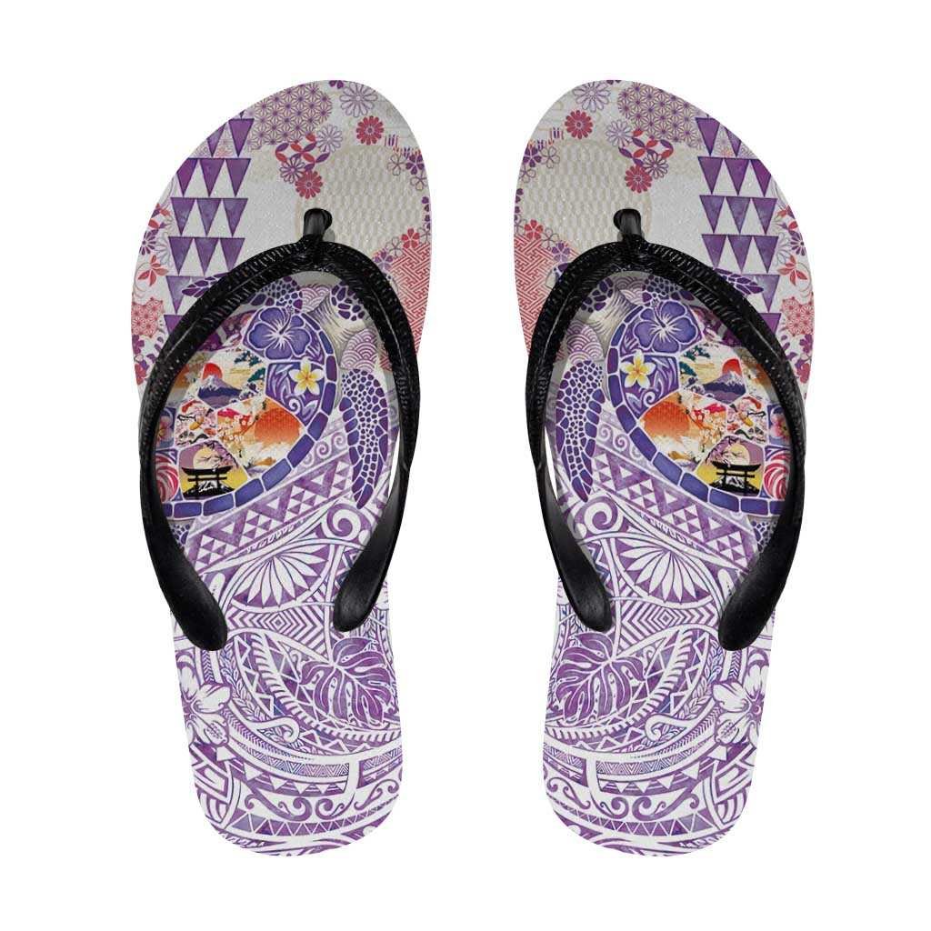 Hawaiian and Japanese Culture Together Flip Flops Tropical Honu with Japanese Elements Purple Color