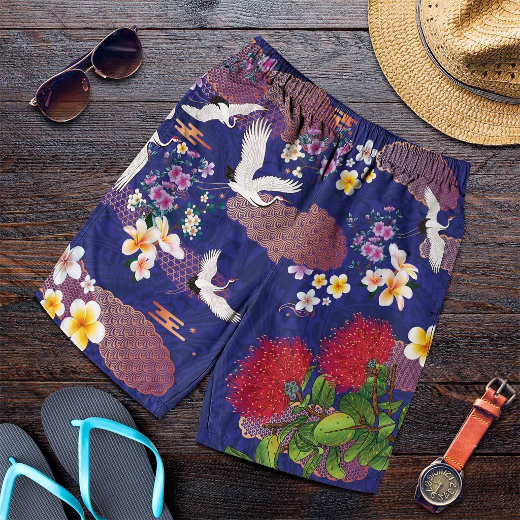 Hawaiian and Japanese Culture Together Shorts for Men Blue Ohia Lehua Plumeria and Sakura Blooming LT03 Blue - Polynesian Pride