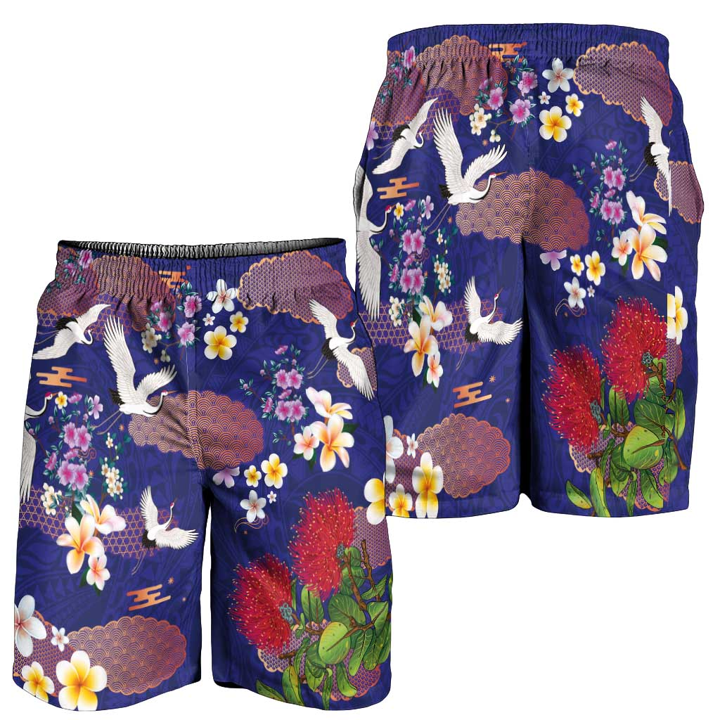 Hawaiian and Japanese Culture Together Shorts for Men Blue Ohia Lehua Plumeria and Sakura Blooming LT03 - Polynesian Pride