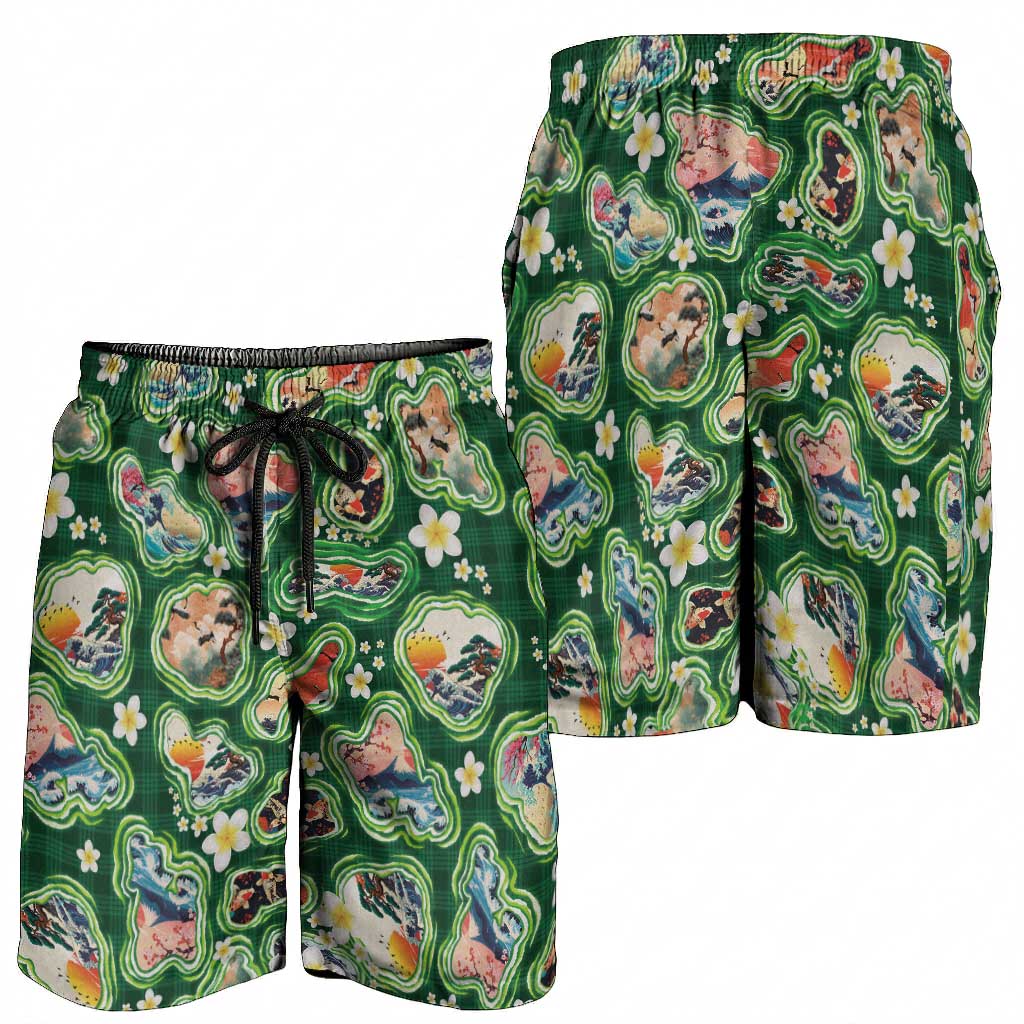 Hawaiian and Japanese Culture Together Shorts for Men Hawaiian Island Shapes with Japanese Landscape Green Color LT03 - Polynesian Pride