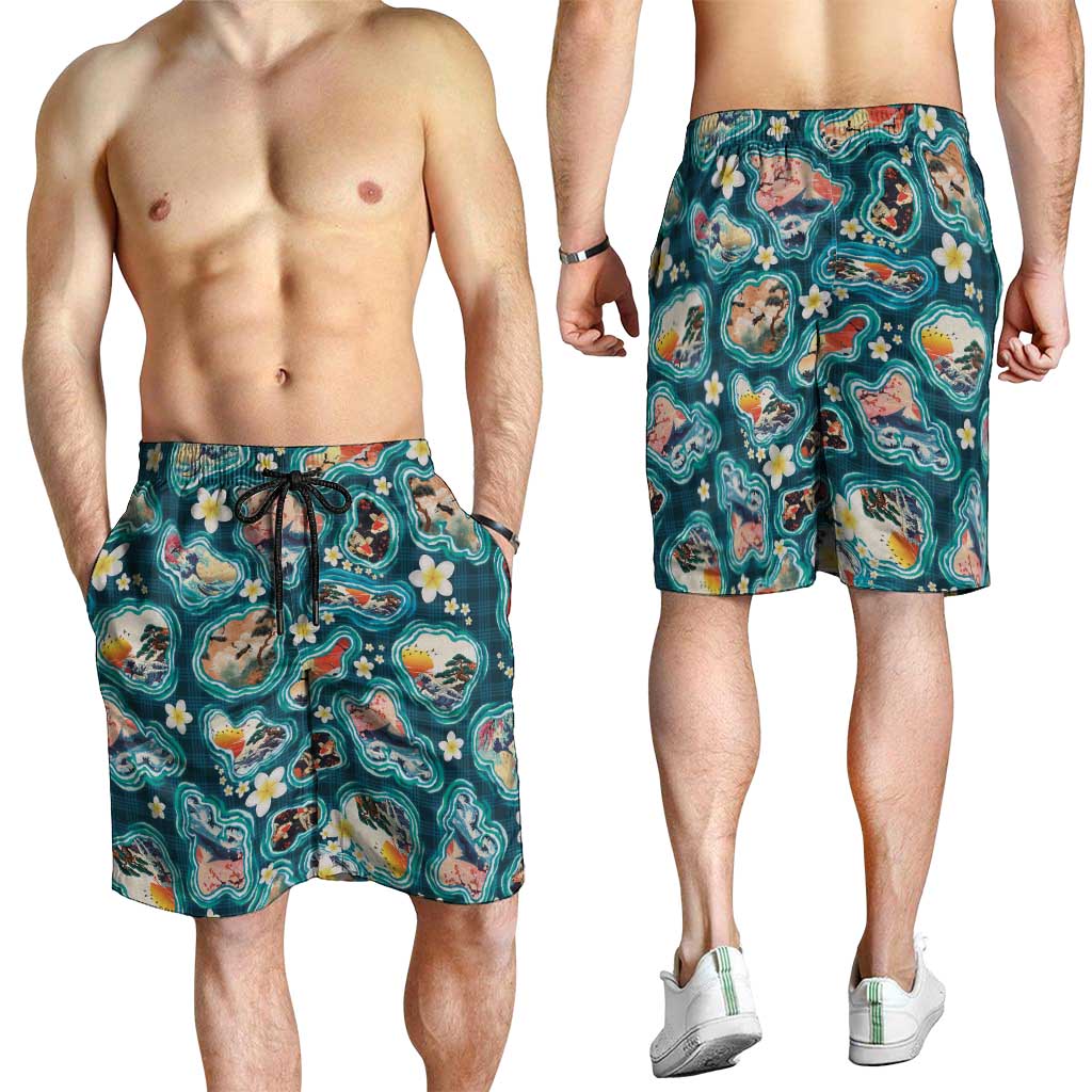 Hawaiian and Japanese Culture Together Shorts for Men Hawaiian Island Shapes with Japanese Landscape Teal Color LT03 - Polynesian Pride