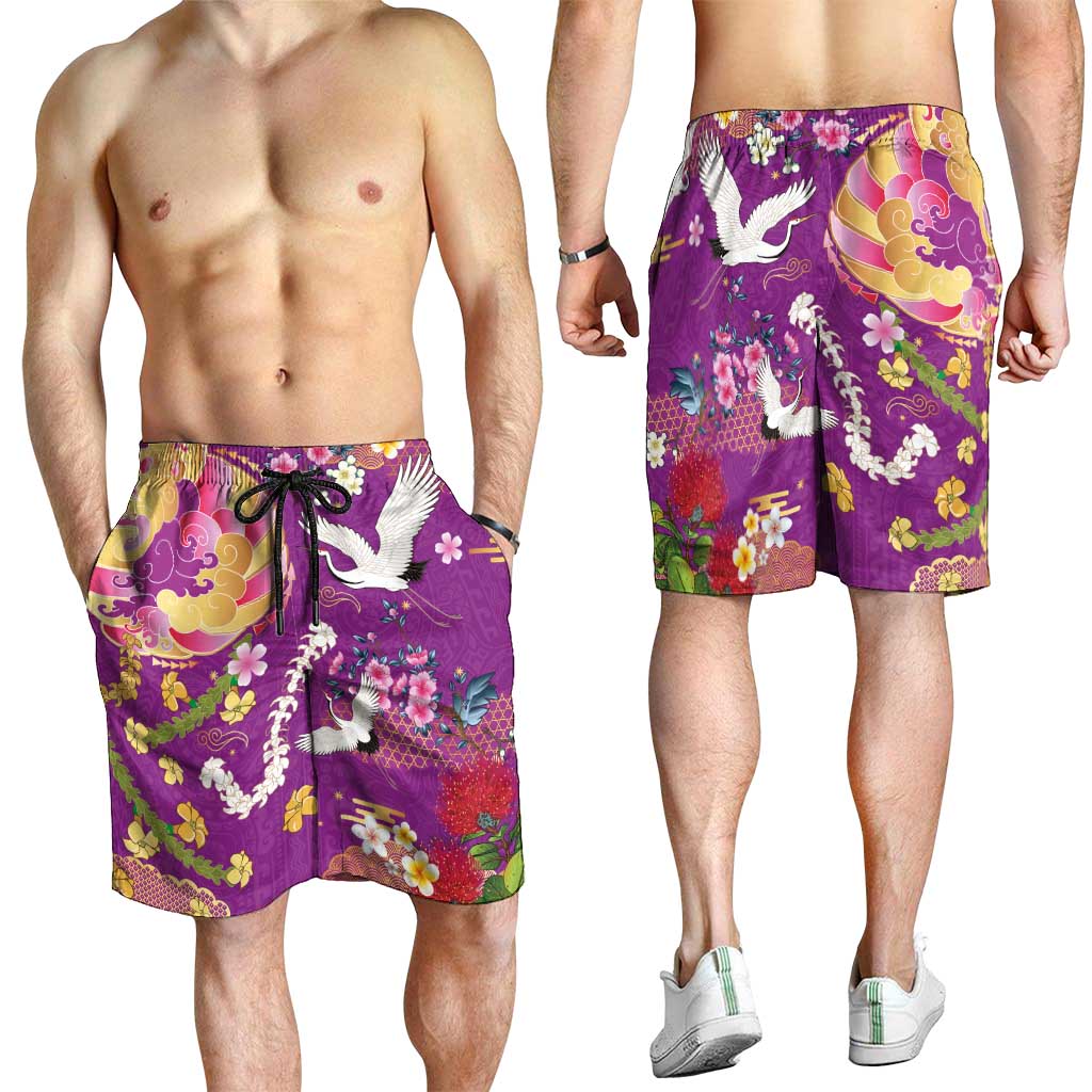 Hawaiian and Japanese Culture Together Shorts for Men Kakau Tribal Pattern and Irezumi Art Purple Color