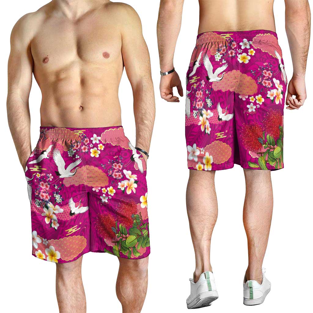 Hawaiian and Japanese Culture Together Shorts for Men Pink Ohia Lehua Plumeria and Sakura Blooming LT03 - Polynesian Pride