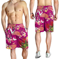 Hawaiian and Japanese Culture Together Shorts for Men Pink Ohia Lehua Plumeria and Sakura Blooming LT03 - Polynesian Pride