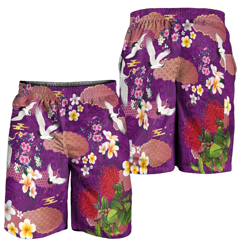 Hawaiian and Japanese Culture Together Shorts for Men Purple Ohia Lehua Plumeria and Sakura Blooming LT03 - Polynesian Pride