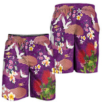 Hawaiian and Japanese Culture Together Shorts for Men Purple Ohia Lehua Plumeria and Sakura Blooming LT03 - Polynesian Pride