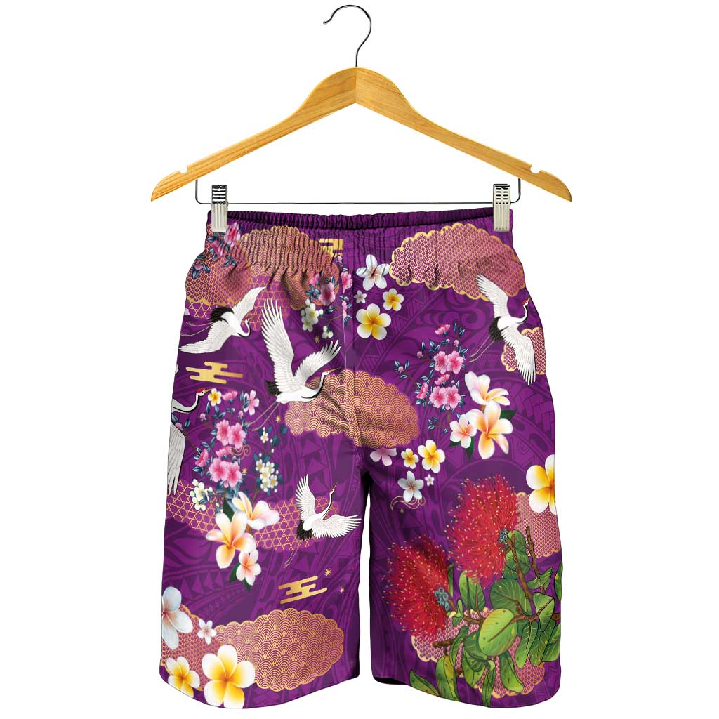 Hawaiian and Japanese Culture Together Shorts for Men Purple Ohia Lehua Plumeria and Sakura Blooming LT03 - Polynesian Pride