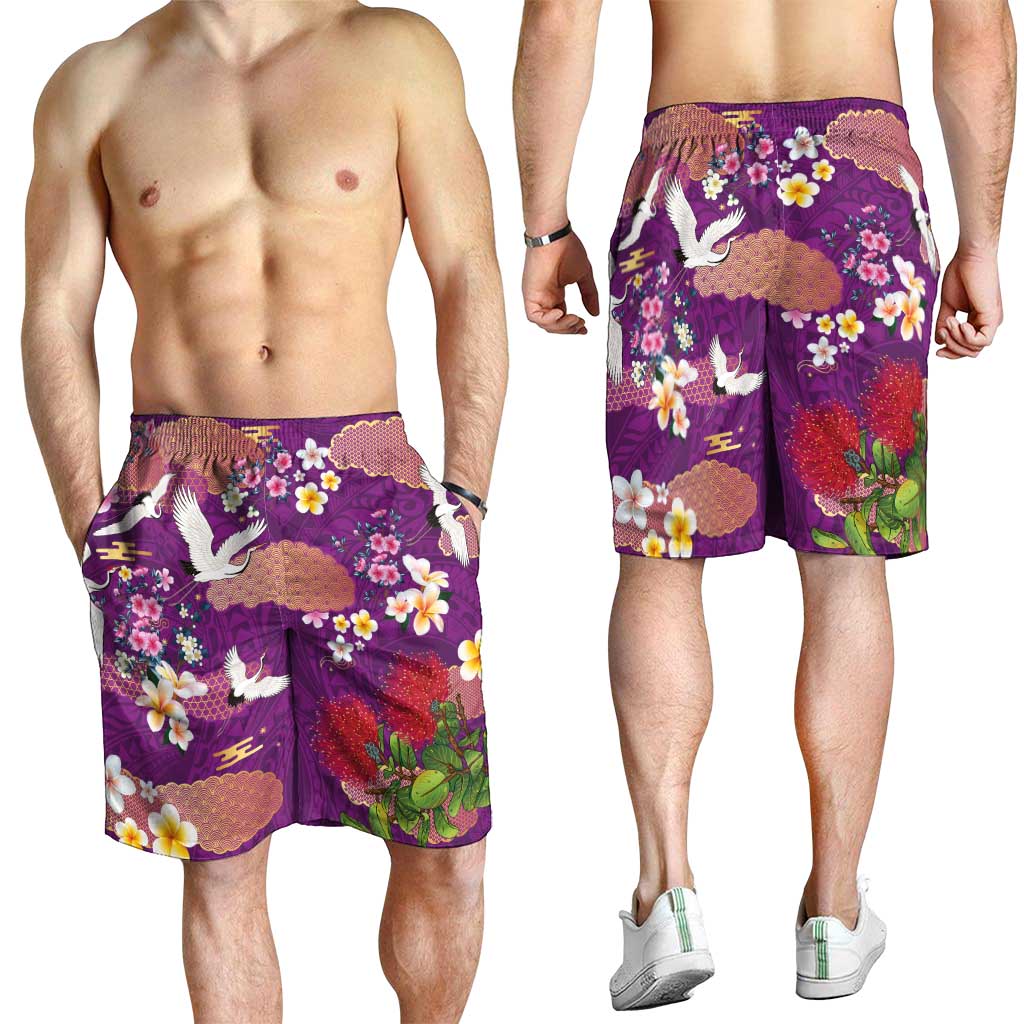 Hawaiian and Japanese Culture Together Shorts for Men Purple Ohia Lehua Plumeria and Sakura Blooming LT03 - Polynesian Pride