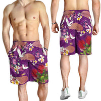 Hawaiian and Japanese Culture Together Shorts for Men Purple Ohia Lehua Plumeria and Sakura Blooming LT03 - Polynesian Pride