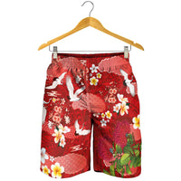 Hawaiian and Japanese Culture Together Shorts for Men Red Ohia Lehua Plumeria and Sakura Blooming LT03 - Polynesian Pride