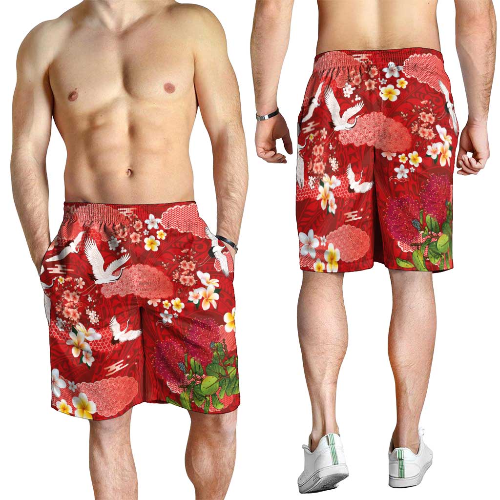 Hawaiian and Japanese Culture Together Shorts for Men Red Ohia Lehua Plumeria and Sakura Blooming LT03 - Polynesian Pride