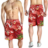 Hawaiian and Japanese Culture Together Shorts for Men Red Ohia Lehua Plumeria and Sakura Blooming LT03 - Polynesian Pride