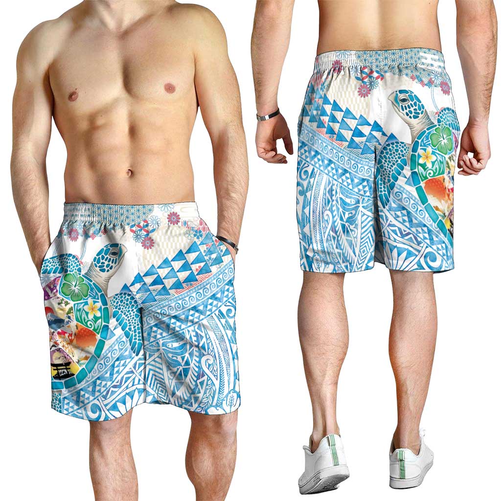 Hawaiian and Japanese Culture Together Shorts for Men Tropical Honu with Japanese Elements Blue Color