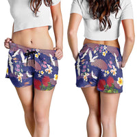 Hawaiian and Japanese Culture Together Shorts for Women Blue Ohia Lehua Plumeria and Sakura Blooming LT03 - Polynesian Pride