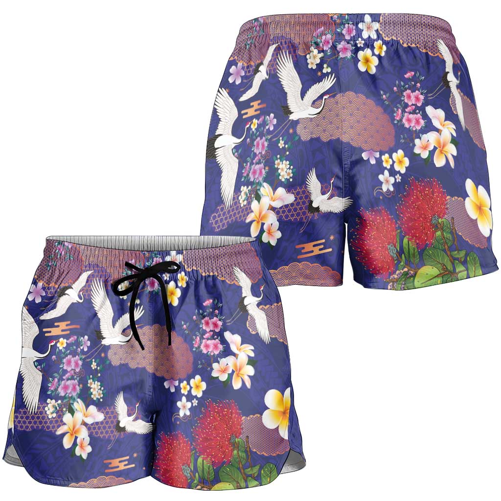Hawaiian and Japanese Culture Together Shorts for Women Blue Ohia Lehua Plumeria and Sakura Blooming LT03 - Polynesian Pride