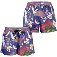 Hawaiian and Japanese Culture Together Shorts for Women Blue Ohia Lehua Plumeria and Sakura Blooming LT03 - Polynesian Pride