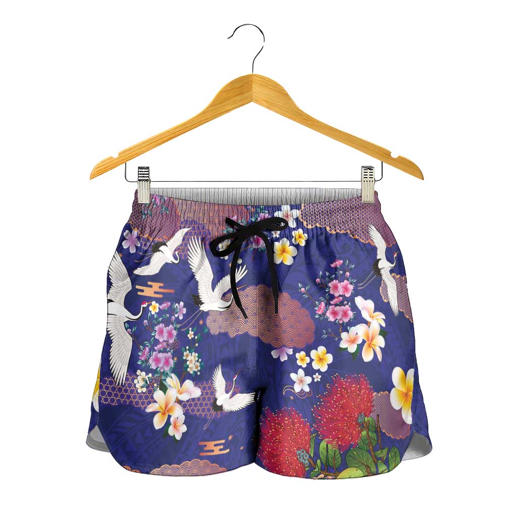 Hawaiian and Japanese Culture Together Shorts for Women Blue Ohia Lehua Plumeria and Sakura Blooming LT03 - Polynesian Pride