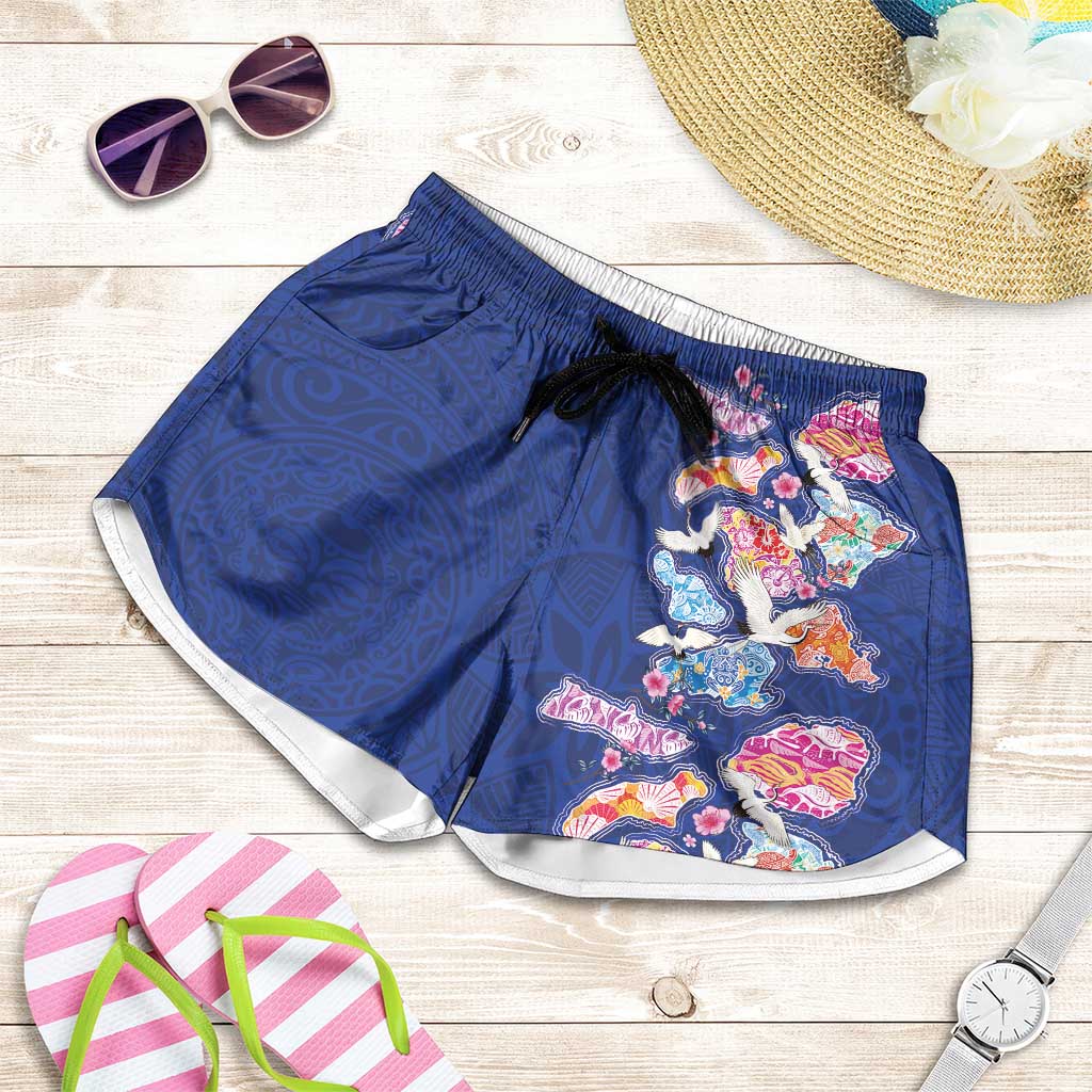 Hawaiian and Japanese Culture Together Shorts for Women Hawaiian Archipelago Shape Sea Animals