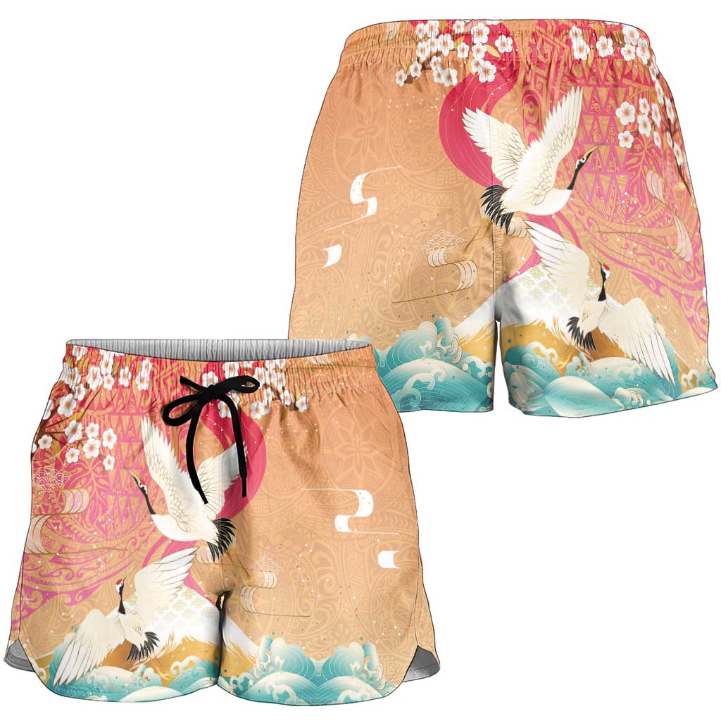 Hawaiian and Japanese Culture Together Shorts for Women Kakau Art Tattoo with Cranes and Sakura Spring Vibe LT03 - Polynesian Pride