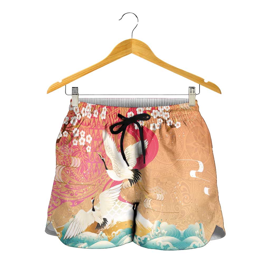 Hawaiian and Japanese Culture Together Shorts for Women Kakau Art Tattoo with Cranes and Sakura Spring Vibe LT03 - Polynesian Pride