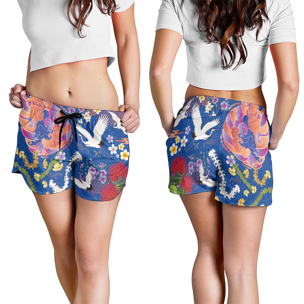 Hawaiian and Japanese Culture Together Shorts for Women Kakau Tribal Pattern and Irezumi Art Blue Color