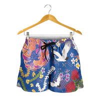 Hawaiian and Japanese Culture Together Shorts for Women Kakau Tribal Pattern and Irezumi Art Blue Color