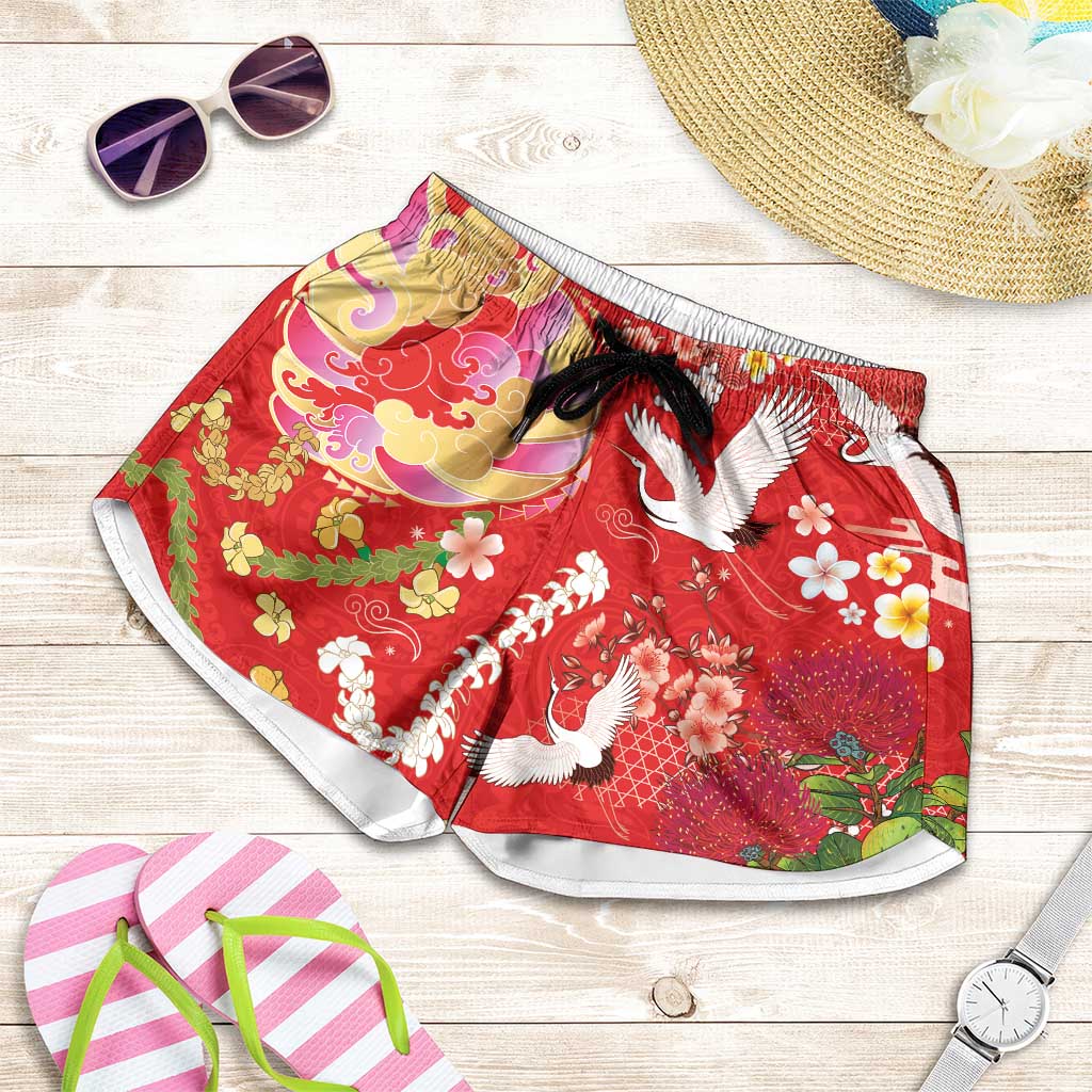 Hawaiian and Japanese Culture Together Shorts for Women Kakau Tribal Pattern and Irezumi Art Red Color