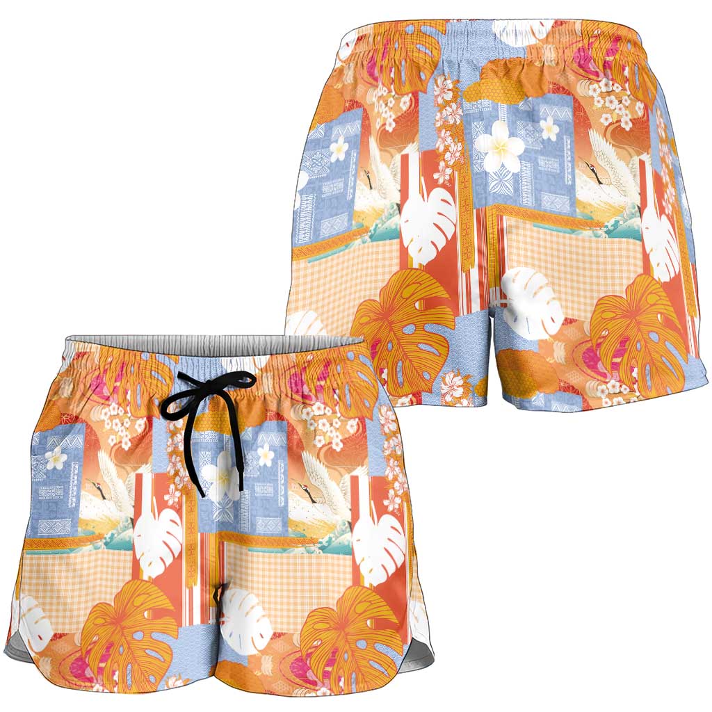 Hawaiian and Japanese Culture Together Shorts for Women Palaka Japanese Art and Tropical Motif Tribal Patchwork LT03 - Polynesian Pride