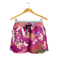 Hawaiian and Japanese Culture Together Shorts for Women Pink Ohia Lehua Plumeria and Sakura Blooming LT03 - Polynesian Pride