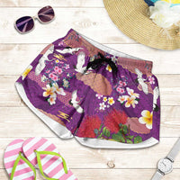 Hawaiian and Japanese Culture Together Shorts for Women Purple Ohia Lehua Plumeria and Sakura Blooming LT03 Purple - Polynesian Pride