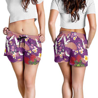 Hawaiian and Japanese Culture Together Shorts for Women Purple Ohia Lehua Plumeria and Sakura Blooming LT03 - Polynesian Pride
