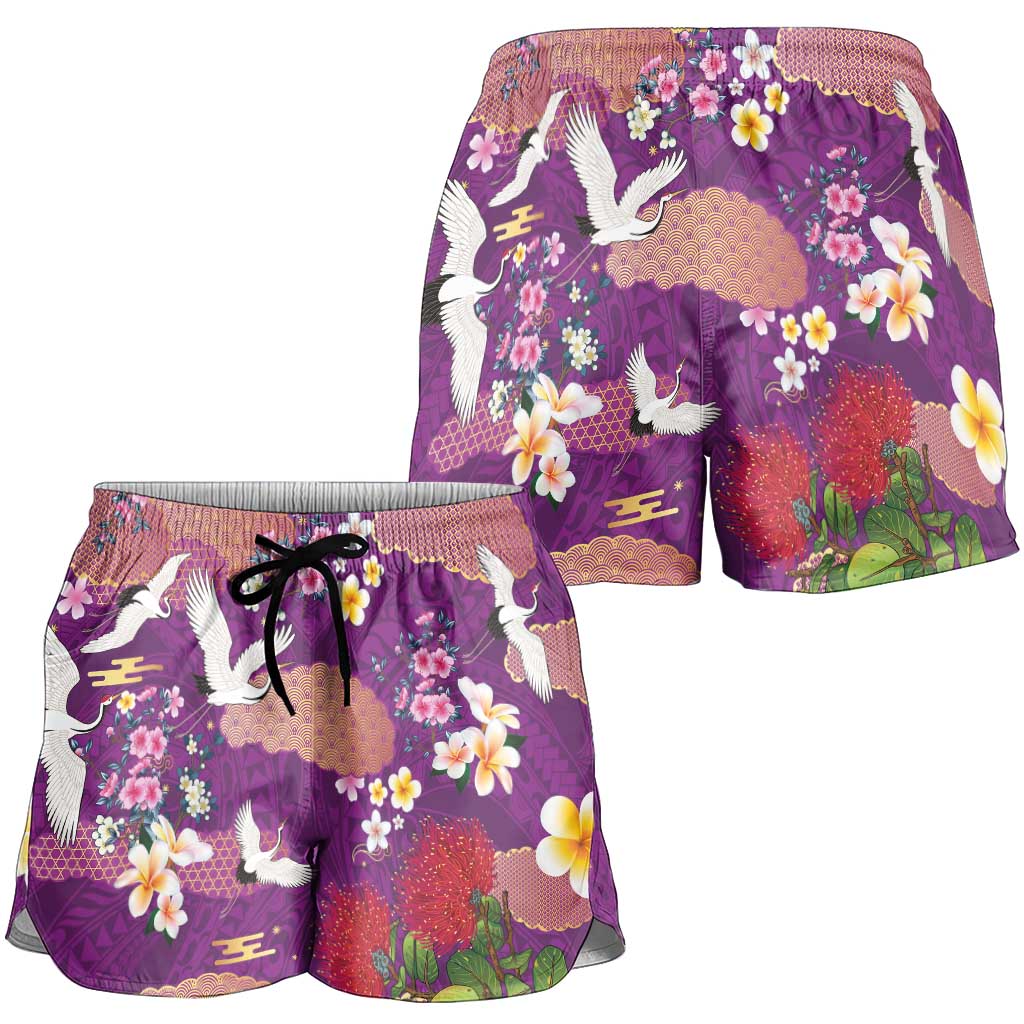 Hawaiian and Japanese Culture Together Shorts for Women Purple Ohia Lehua Plumeria and Sakura Blooming LT03 - Polynesian Pride