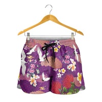 Hawaiian and Japanese Culture Together Shorts for Women Purple Ohia Lehua Plumeria and Sakura Blooming LT03 - Polynesian Pride