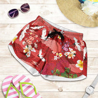 Hawaiian and Japanese Culture Together Shorts for Women Red Ohia Lehua Plumeria and Sakura Blooming LT03 Red - Polynesian Pride