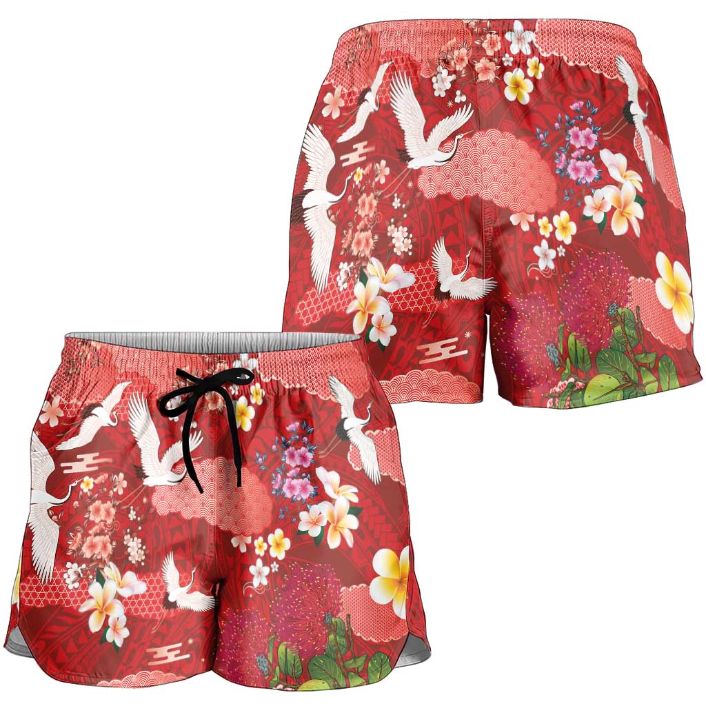 Hawaiian and Japanese Culture Together Shorts for Women Red Ohia Lehua Plumeria and Sakura Blooming LT03 - Polynesian Pride